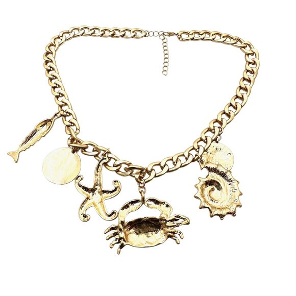 Sea Beach Vacay Starfish Crab Sea Shell Gold Tone Statement Necklace New - Picture 2 of 4